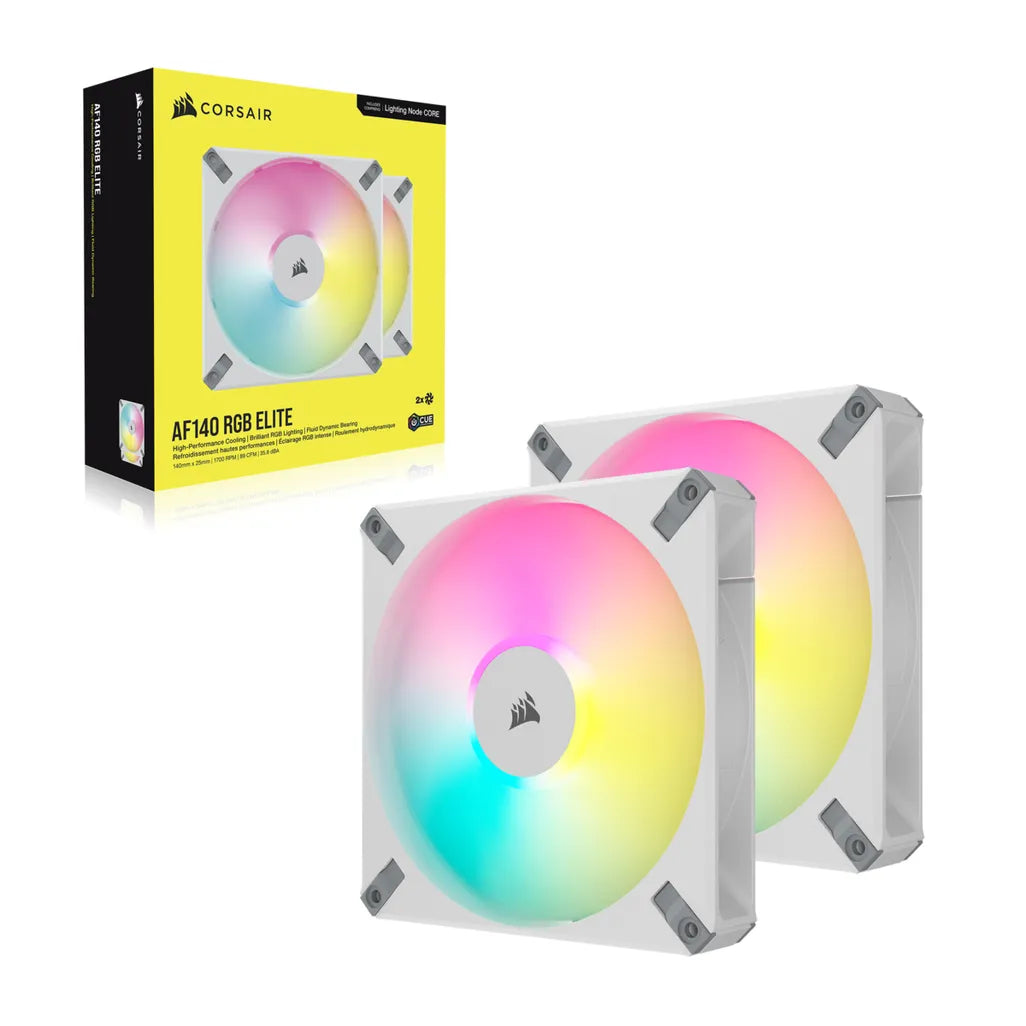 CORSAIR AF ELITE Series; AF140 RGB ELITE WHITE; 140mm Fluid Dynamic RGB Fan with AirGuide; Dual Pack with Lighting Node CORE - TechDriven Technologies