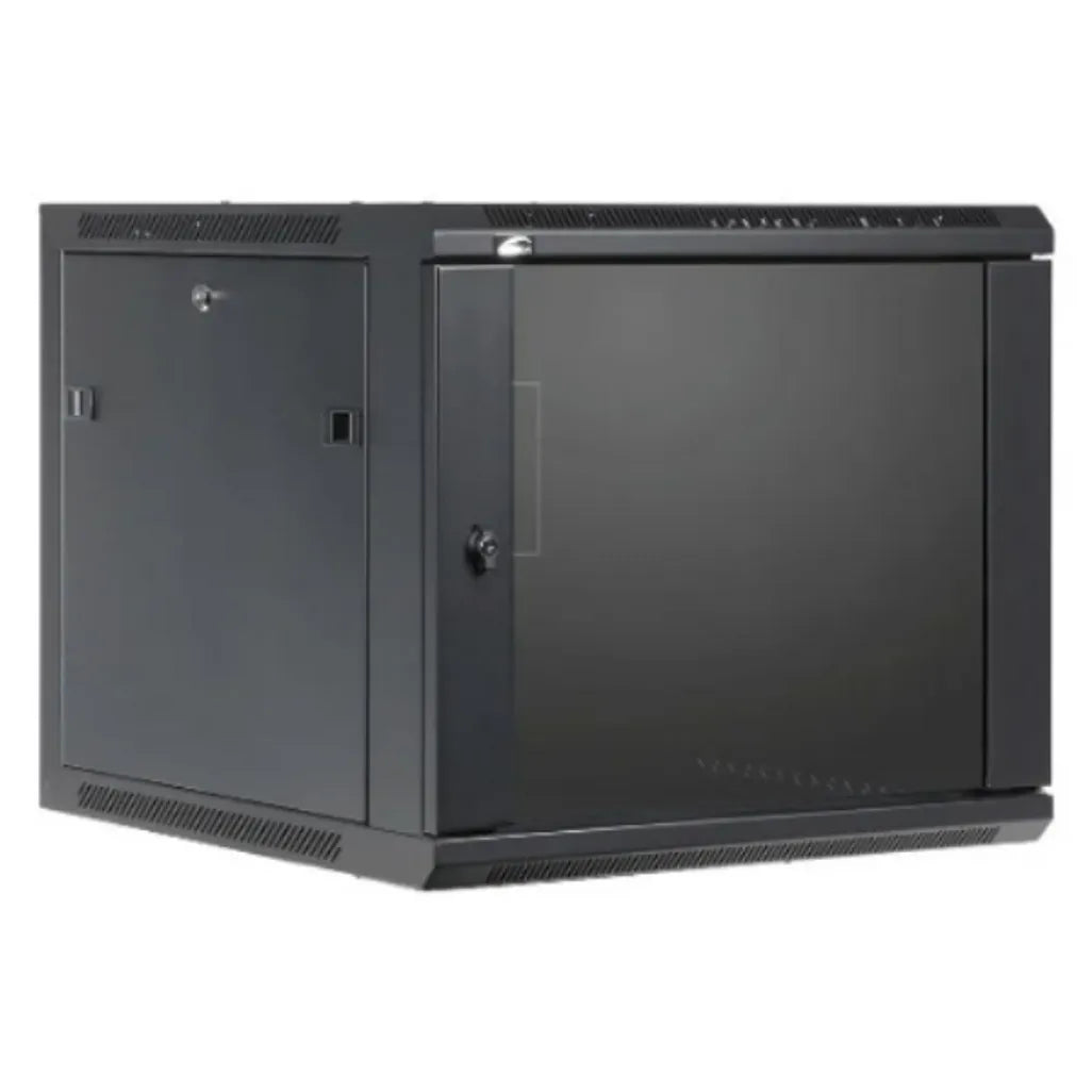 RCT 12U AP Pre-coated black wall mount cabinet 2x uprights 2x glands + Screws; 450mm PERFORATED DOOR. - TechDriven Technologies