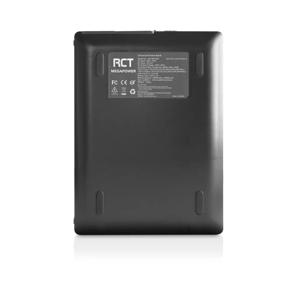 RCT MEGAPOWER S 54000mAh AC Lithium Power Bank; 2 x 230V AC Outlet; 2.4A USB Type A and 1 x 3A USB Type C with PD support - TechDriven Technologies