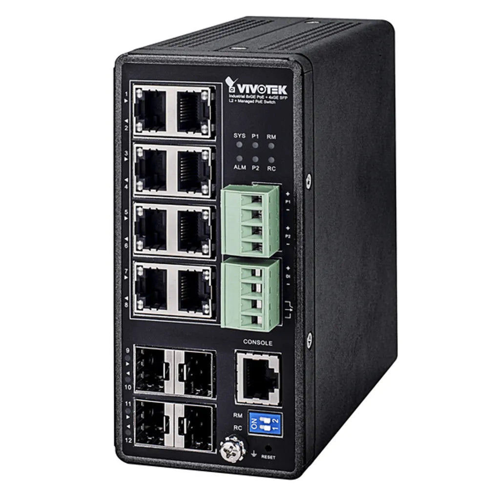 VIVOTEK L2+ Managed POE Industrial Switch; 8x POE+; 4x SFP; 240W; 48VDC PSU required - TechDriven Technologies