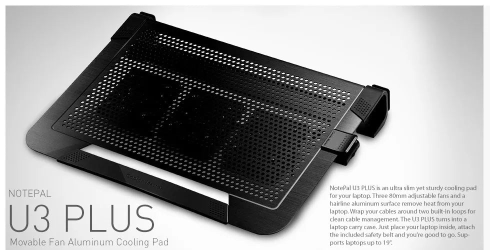 CM Stand U3 PLUS 19'' Notebook Cooling Stand; Black Aluminum; 3 x 80mm Fans; Ergonomic design; Turns into Carry Ca - TechDriven Technologies