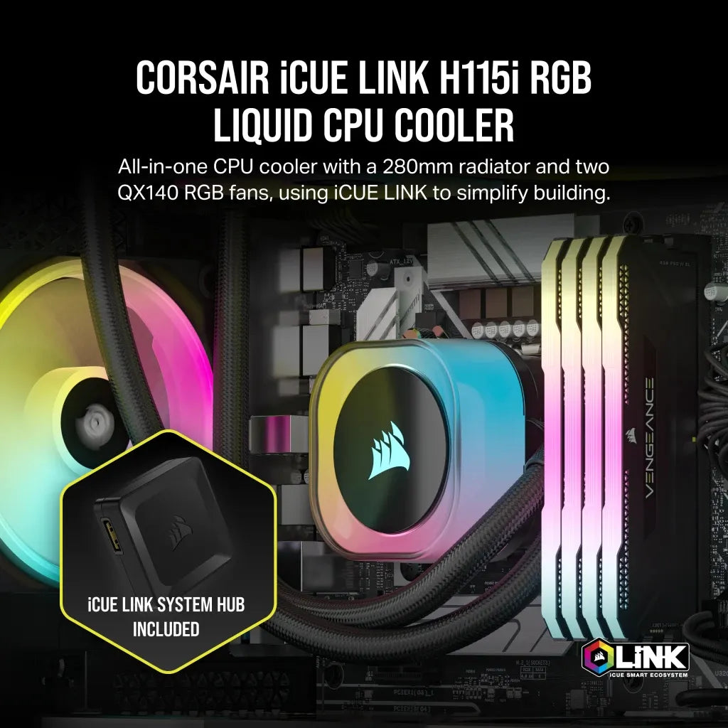 CORSAIR iCUE LINK H115i RGB Liquid CPU Cooler - QX140 RGB Fans - 280mm Radiator - Fits Intel® LGA 1700; AMD® AM5 - Hub included - TechDriven Technologies