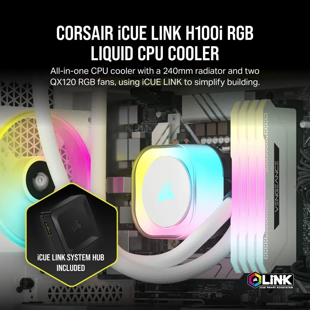 CORSAIR iCUE LINK H100i RGB Liquid CPU Cooler - QX120 RGB Fans - White - 240mm Radiator - Fits Intel® LGA 1700; AMD® AM5 - Hub I - TechDriven Technologies