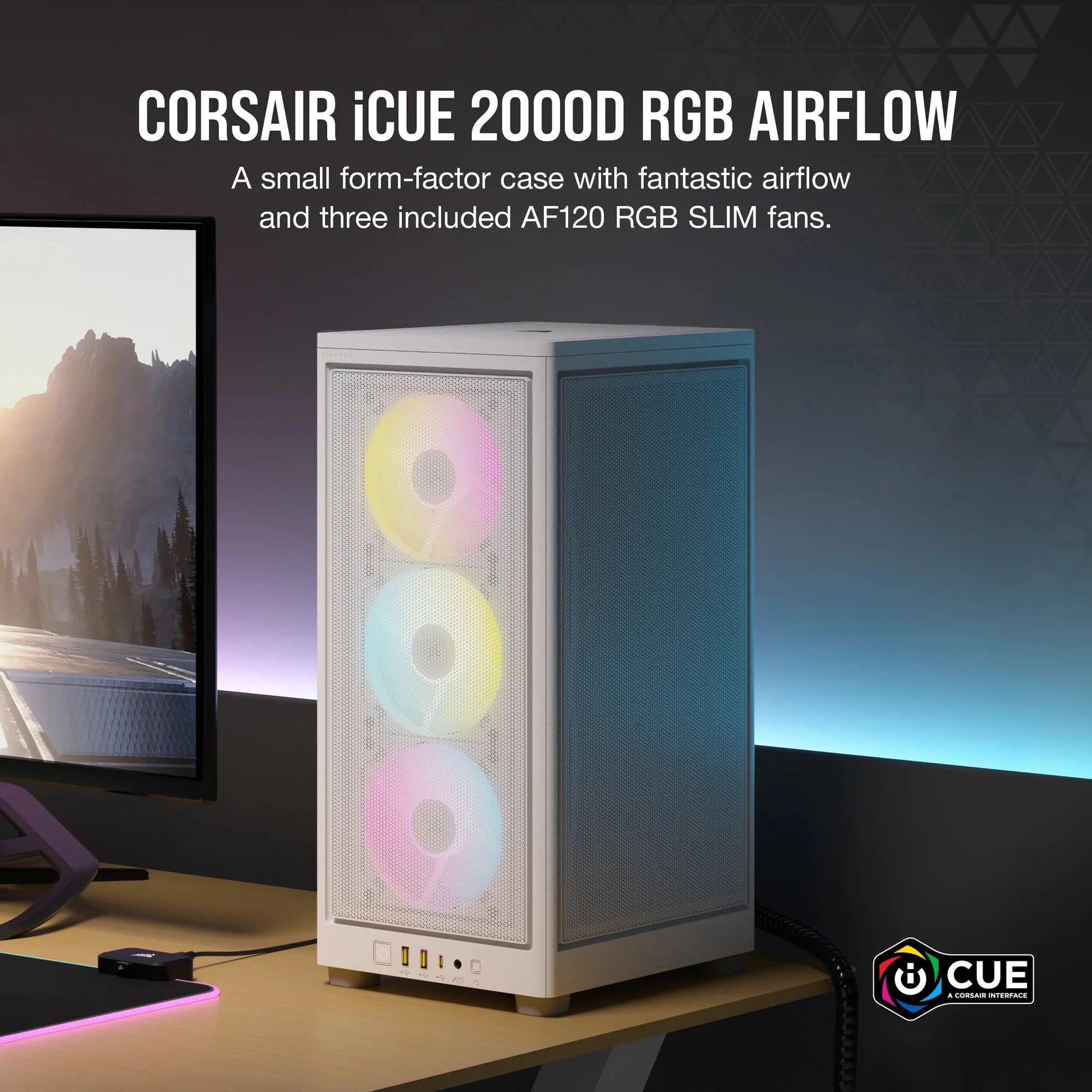 2000D ICUE Airflow Tempered Glass Mid-Tower; White; AF Slim fans/SF PSU only - TechDriven Technologies